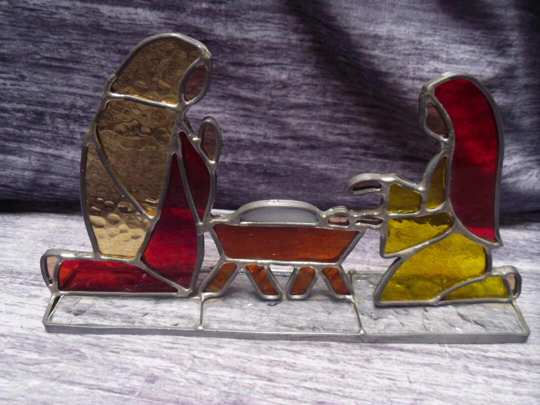 Vintage Stained Glass Nativity Mary Joseph Baby Jesus Etsy