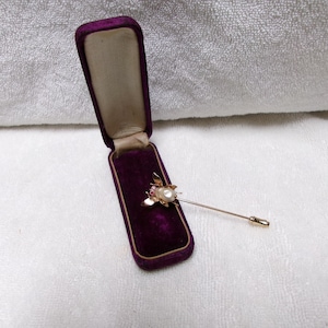 May include: A gold-toned insect-shaped stick pin featuring a central white pearl and small pink accents, resting on the purple velvet interior of an open, elongated, hinged jewelry box with a cream-colored lining and a dark purple exterior.