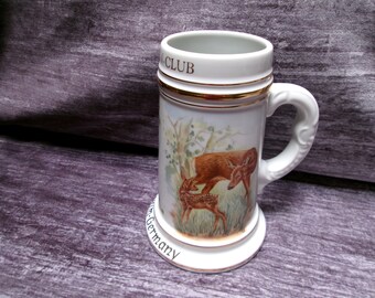 Vintage 1970s Rod Gun Club ULM Germany 7"ceramic beer stein/surprise bottom inside mug