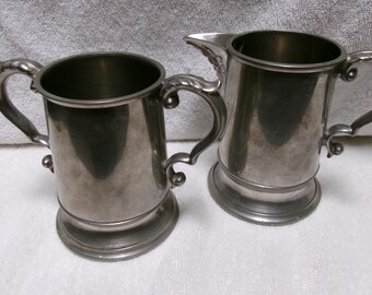 Vintage 1950s Fine English Pewter creamer and sugar set 4.5" tall