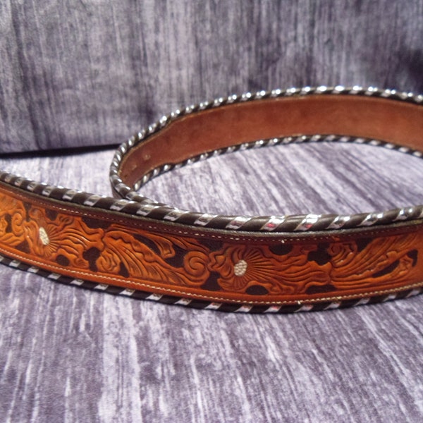 Vintage Tony Lama, hand tooled Leather mens belt, blank in back for a name