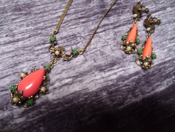 Vintage Selro Set, faux coral, faux jade, faux pe… - image 2