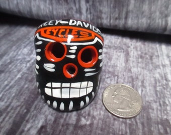 Collectable Clay pottery Harley Davidson miniature Skull hand painted