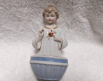 Vintage infant Jesus Sacred heart/Holy water font German porcelain wall art 6x3"