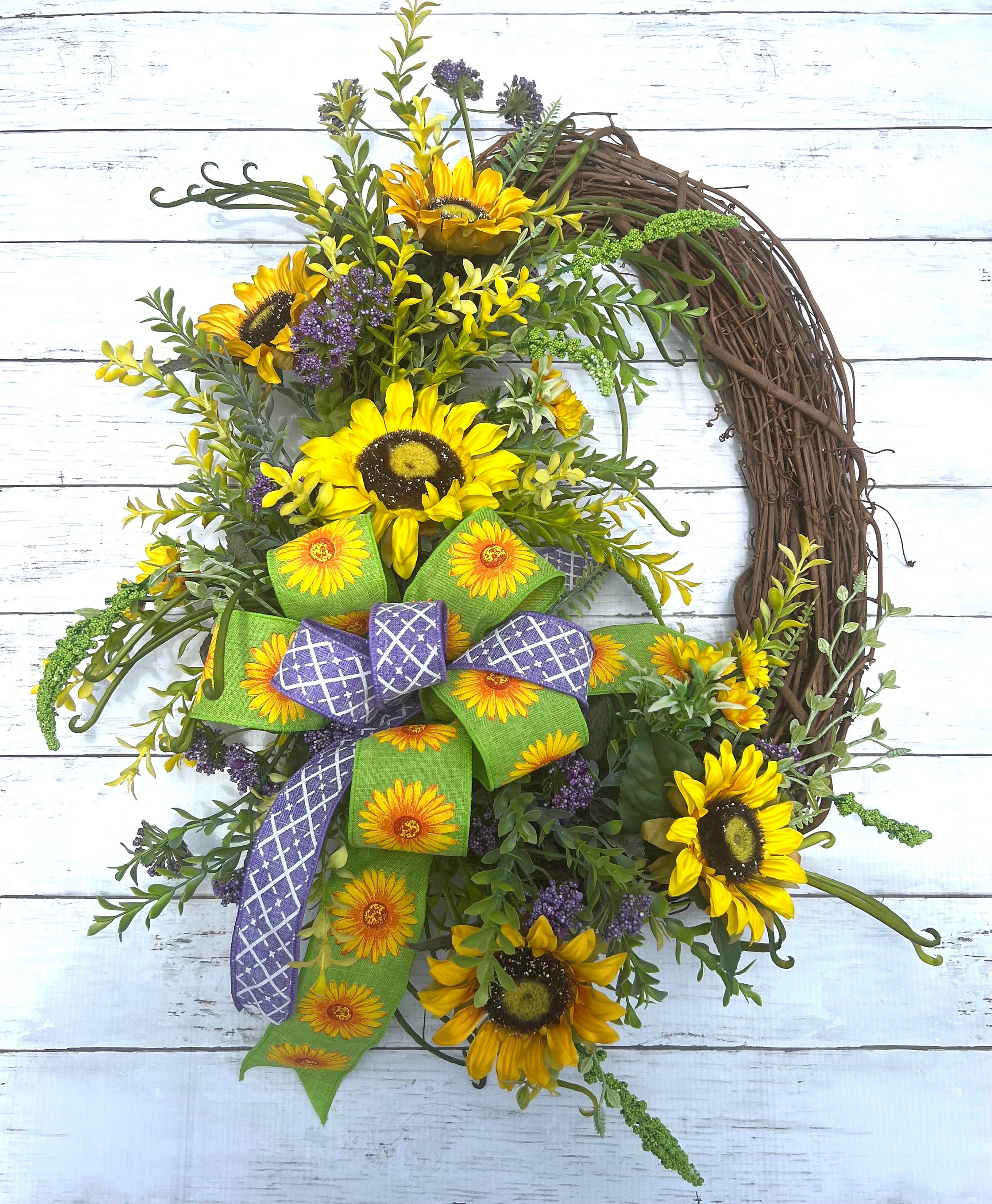 Summer Sunflower Grapevine Wreath - Yellow, Lavender, and Lime Green -  Front Door Wreath - Summer Decor - Handmade Floral Wreath - Etsy, image size:2472x3000