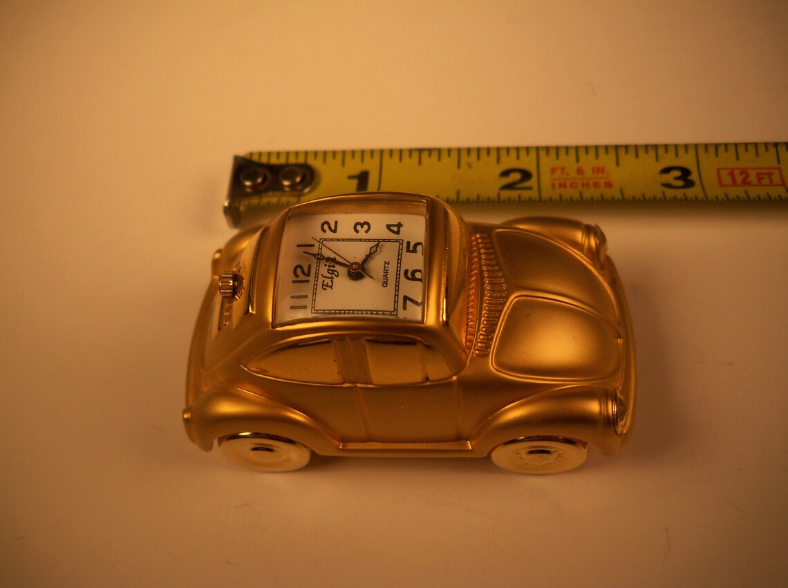 Elgin Volkswagen Beetle Mini Clock Bright Gold Tone Car 1980s Etsy