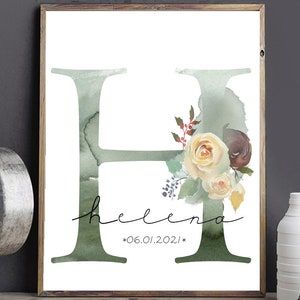 Geburtsposter "Florale Wasserfarben Buchstaben" - personalisierte PDF als Download