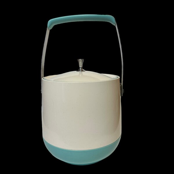 Vintage cream and turquoise plastic ice bucket