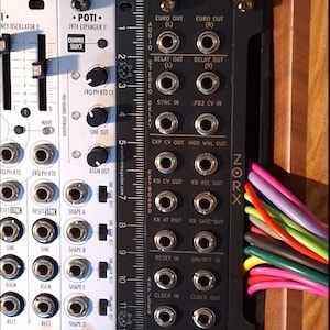 Può includere: Un modulo di sintetizzatore nero e argento con una varietà di manopole, pulsanti e jack. Il modulo è etichettato "ZORX" e ha un righello sul lato. Il modulo è collegato a una varietà di cavi colorati.