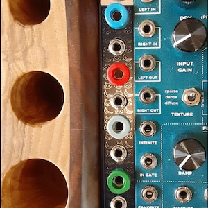 Könnte beinhalten: Ein türkisblaues Synthesizer-Modul mit Knöpfen, Buchsen und Textbeschriftungen, darunter "LEFT IN", "RIGHT IN", "LEFT OUT", "RIGHT OUT", "INPUT GAIN", "TEXTURE", "INFINITE", "IN GATE", "FAVORITE", "DAMP", "SHIMMER", "INTERVAL", "sparse dense diffuse".