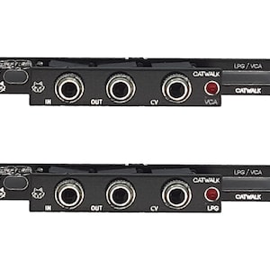 May include: Two black Waveform Catwalk synthesizer modules. Each module has multiple input jacks labeled IN, OUT, and CV, along with a red button and text that reads LPG/VCA and CATWALK. The Waveform logo and a cat graphic are also visible.
