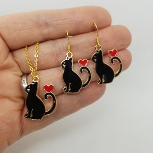 Black Enamel Cat Charm Earrings & Necklace Set or Separate - Cat Jewelry