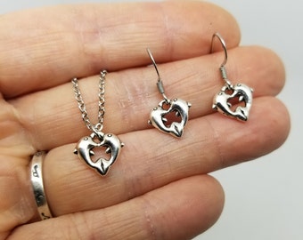 Petite Dolphin Heart Charm Earrings & Necklace Set or Separate - Marine Biology, Oceanic Studies