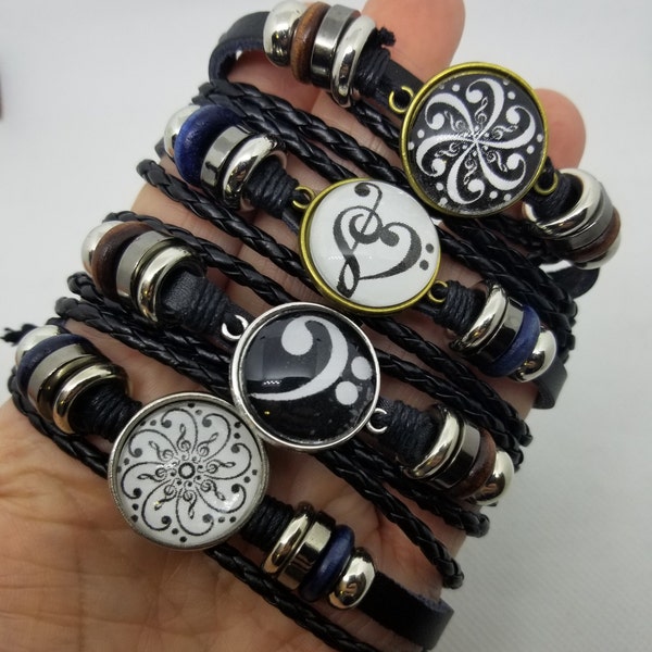 Assorted Music Themed Multi Layer Leather Bracelet - Treble/Bass Flower/Heart, Treble Clef, Bass Clef, Band Mom, or Band Dad Music Bracelet