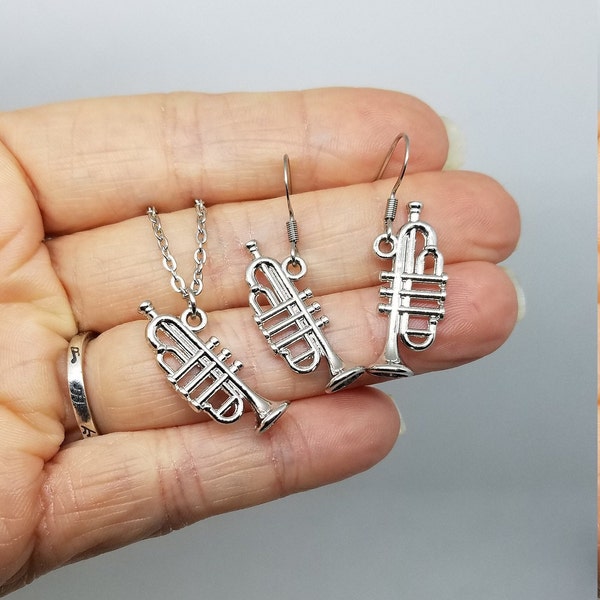 Trumpet Charm Earrings & Necklace Set or Separate - Music Instrument, Music Jewelry, High Brass, Horns, Musician