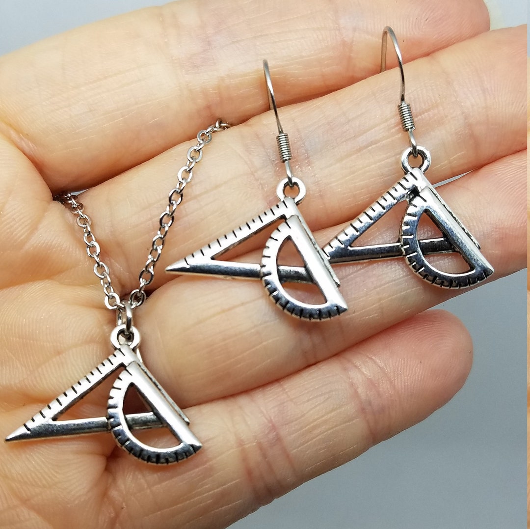 Protractor Charm Earrings & Necklace Set or Separate Architect, Math