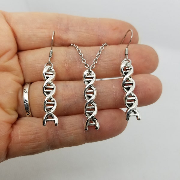 DNA Charm Earrings & Necklace Set or Separate - Double Helix, Science, Neuroscience