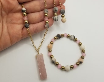 Rose Quartz / Jasper Stone Earrings, Necklace, and Bracelet Set/Separate - Crystal Energy Stone Healing Power