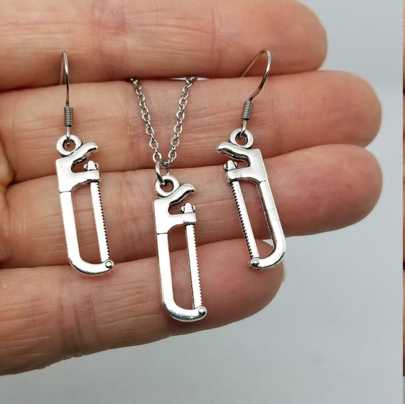 Hacksaw Charm Earrings & Necklace Set or Separate - Builder, Carpenter, DIY Enthusiast, Tool Jewelry