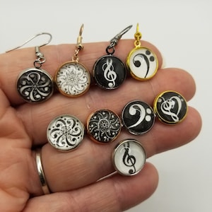 Music Themed Glass Cabochon Earrings: Treble Clef, Bass Clef - Multiple Styles