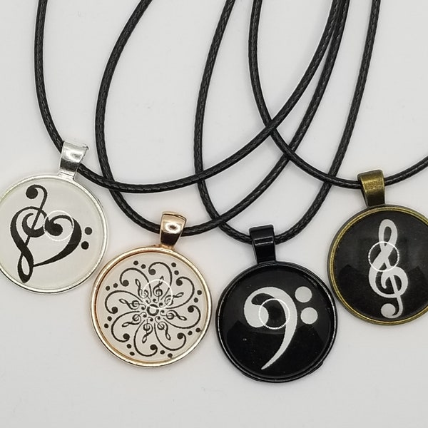 Assorted Music Themed Cabochon Necklace -  Treble/Bass Flower or Heart, Treble Clef, Bass Clef, Band Mom, or Band Dad Music Necklace