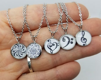 Assorted Treble Bass Clef Glass Cabochon Necklace - Music Necklace, Heart, Flower, Treble Clef, Bass Clef, Musician