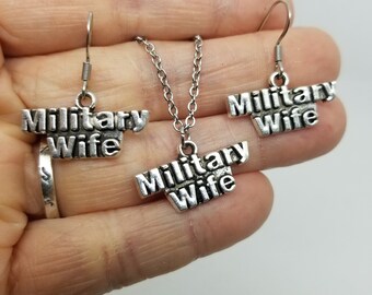 Military Wife Charm Earrings & Necklace Set or Separate - Army, Navy, Air Force, Marines, Coast Guard