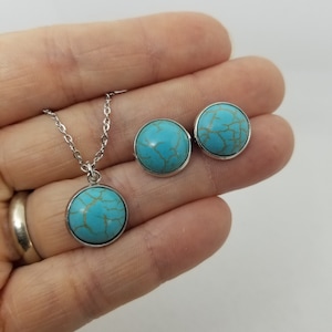 Turquoise Cabochon Stud Earrings & Necklace Set or Separate - 12mm