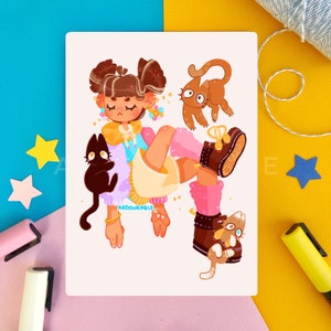 Cooles Katzen Mädchen Art Print - Kawaii Art Print - Niedliche Wandkunst - Illustrierte Wandkunst - Giclée | entzückend