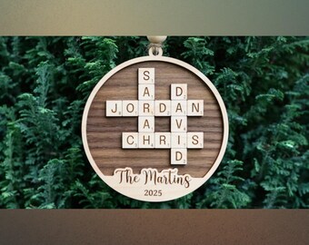 Custom Tile Family Name Ornament - Engraved Wood