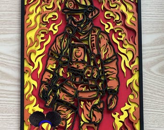 Laser-Cut Firefighter Shadow Box: Multi-Layered Wooden Wall Art