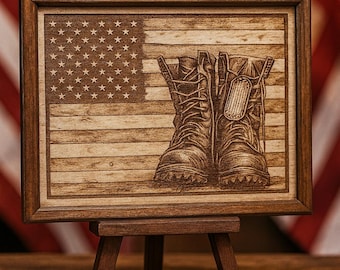 Personalized Military Boots & Flag Engraved Plaque - Veteran Tribute Gift