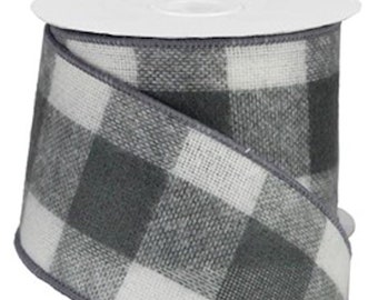 Fuzzy Grey & White Check Buffalo Plaid Wired Edge Ribbon, 2.5" x 10 YARD ROLL RG0175610
