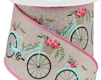 Bicycles On Royal Wired Edge Ribbon, 2.5" x 10 YARD ROLL Spring Summer BIKE Wreath Supplies RGA164018
