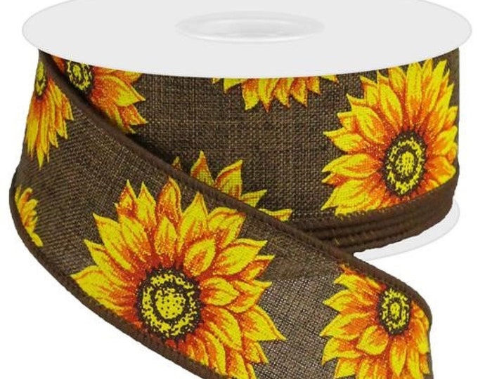 Sunflower Ribbon Spool Sunflower on Brown Wired Ribbon Roll 1.5
