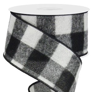 May include: A roll of black and white buffalo check ribbon. The ribbon is made of a textured fabric and has a black stitched edge. The ribbon is ideal for crafting, gift wrapping, and holiday decorations.
