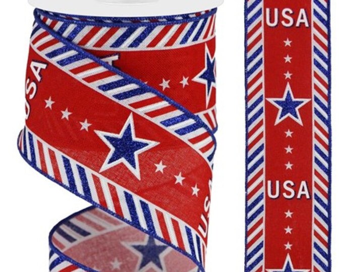 Patriotic Wired Edge Ribbon, Red White Blue, USA Glitter Stripe, 2.5