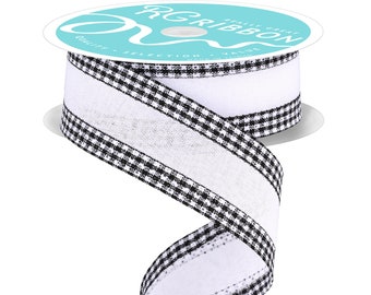 White with Black Gingham check Trim Wired Edge Ribbon, 1.5" x 10 YARD ROLL RGA1098WK