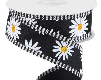 White Daisy on Black Stripes Flowers Wired Ribbon Roll 1.5" X 10 Yards Wreath Floral RGA841402