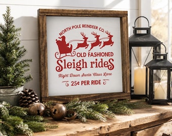 North Pole Reindeer Co. Christmas Sign | Old Fashioned Sleigh Rides Farmhouse Decor | Vintage Santa Christmas Wall Art | Rustic Holiday Sign