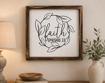 Faith Sign | Ephesians 2:8 Scripture Wall Art | Christian Farmhouse Decor | Rustic Framed Bible Verse Sign | Religious Bedroom Decor