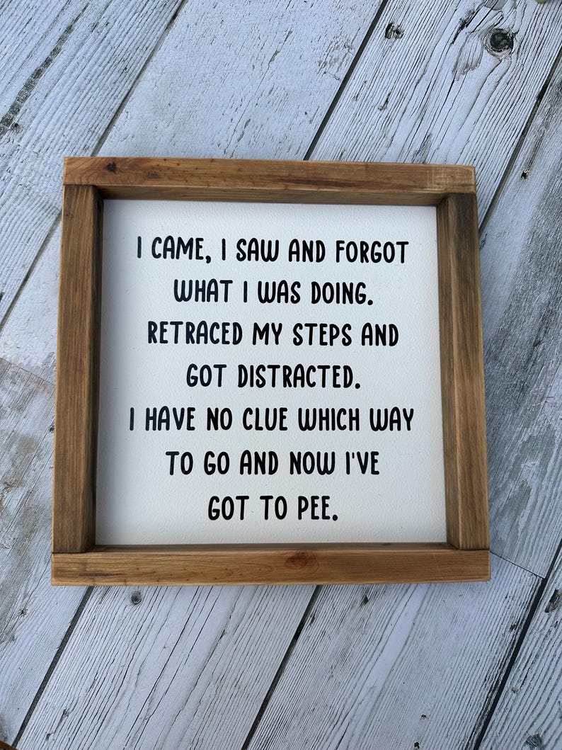 May include: A square wooden sign with a dark brown frame and a white center panel. The text in black reads: I CAME, I SAW AND FORGOT WHAT I WAS DOING. RETRACED MY STEPS AND GOT DISTRACTED. I HAVE NO CLUE WHICH WAY TO GO AND NOW I'VE GOT TO PEE.