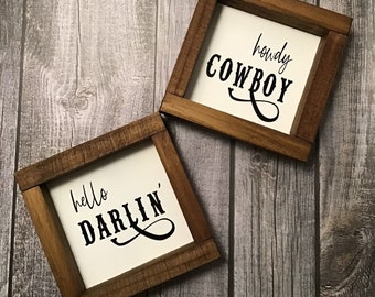Hello Darlin' and Howdy Cowboy Set Wood Sign Western Farmhouse Boho Bath Bedroom Decor