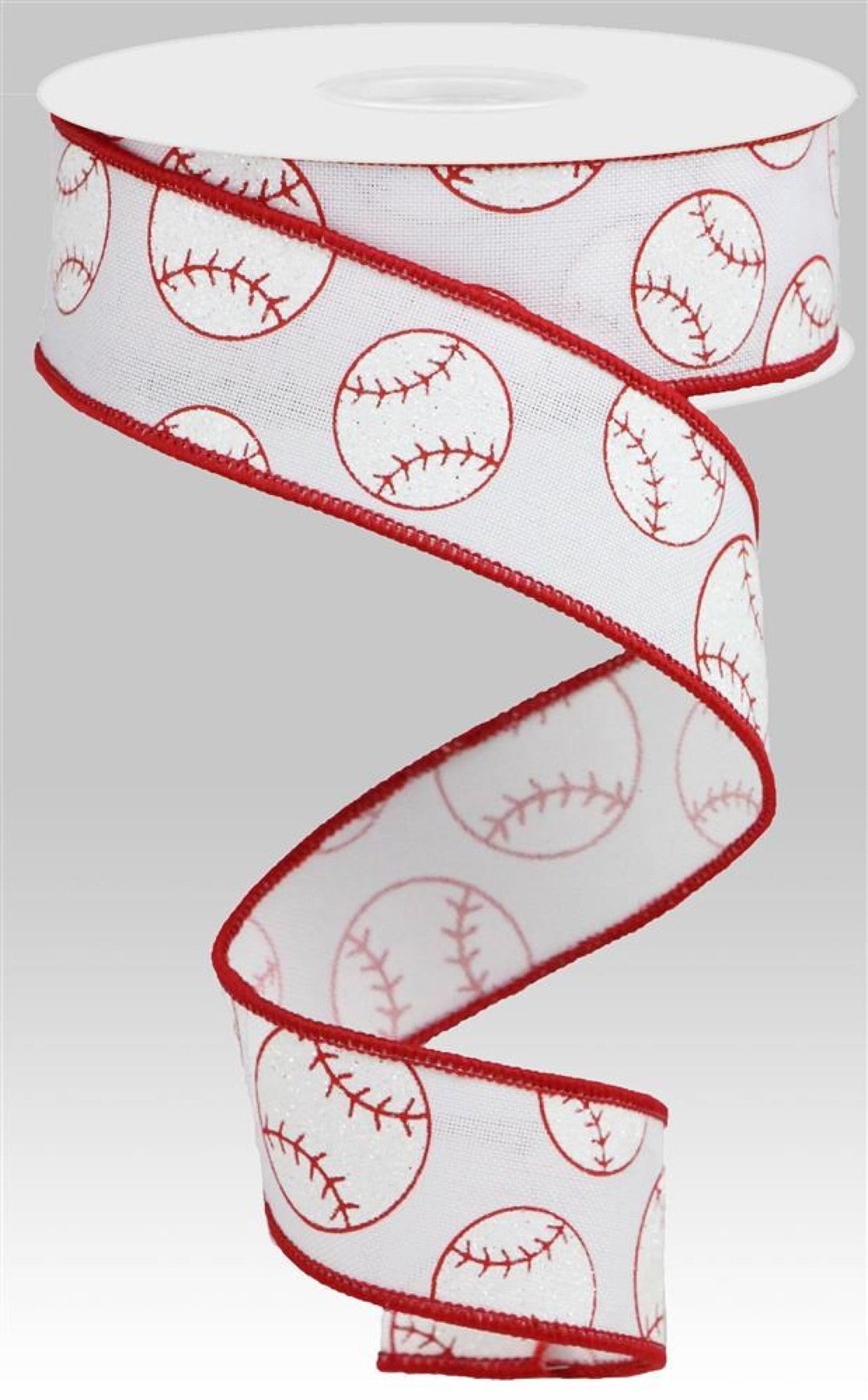 Glitter Baseball Softball Wired Ribbon Roll 1.5