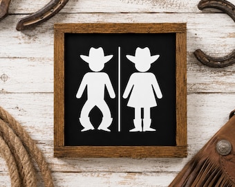 Cowboy & Cowgirl Restroom Sign | Western Farmhouse Bathroom Decor | Rustic Wood Framed Bathroom Sign | Guest Bathroom Sign