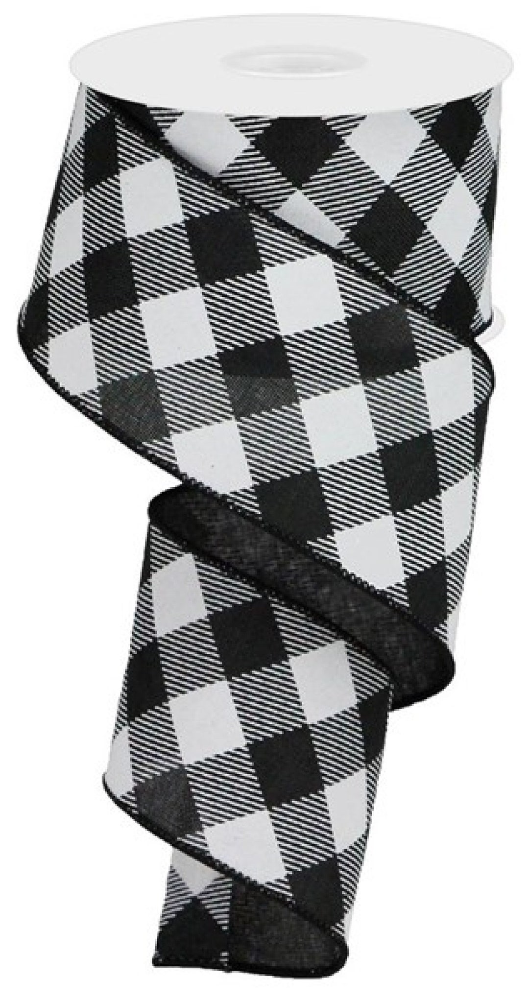 Black & White Diagonal Stripe Plaid Check Wired Edge Ribbon, 2.5