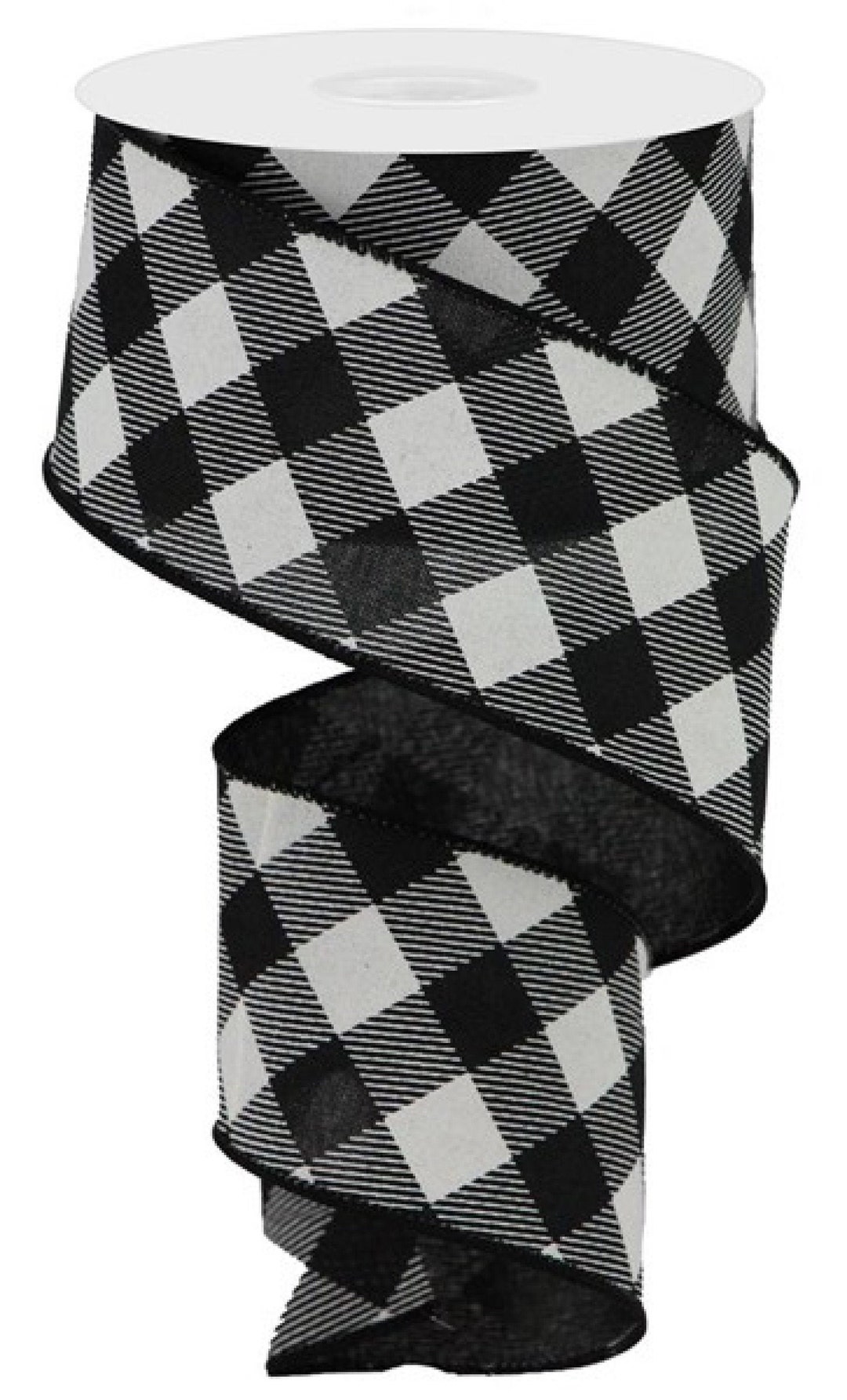 Black & White Diagonal Stripe Plaid Check Wired Edge Ribbon, 2.5