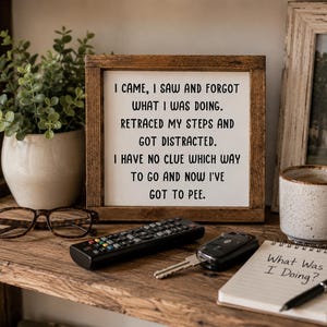 May include: A square wooden sign with a dark brown frame and white background featuring the black text: I CAME, I SAW AND FORGOT WHAT I WAS DOING. RETRACED MY STEPS AND GOT DISTRACTED. I HAVE NO CLUE WHICH WAY TO GO AND NOW I'VE GOT TO PEE.