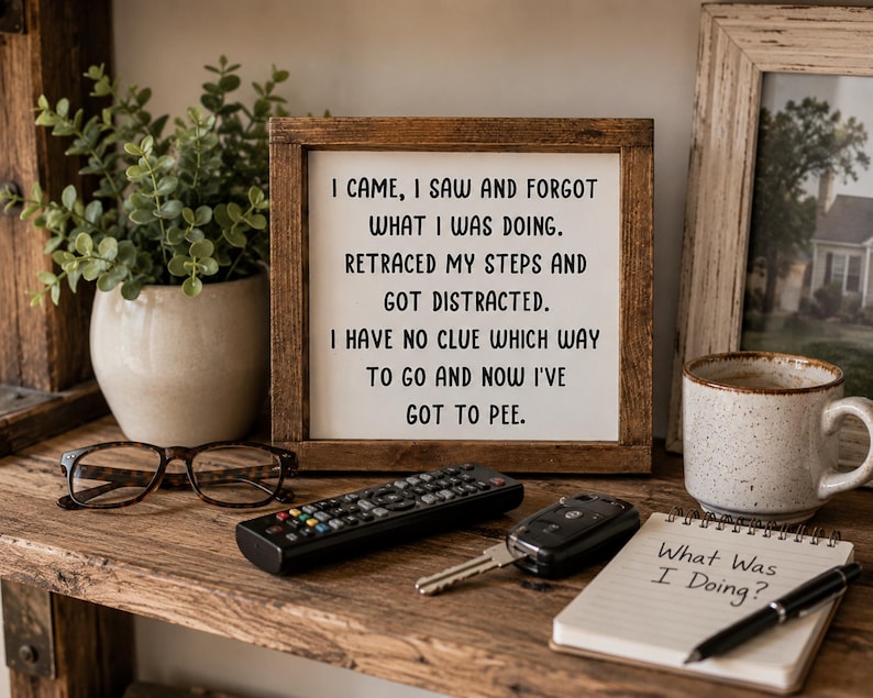 May include: A square wooden sign with a dark brown frame and white background featuring the black text: I CAME, I SAW AND FORGOT WHAT I WAS DOING. RETRACED MY STEPS AND GOT DISTRACTED. I HAVE NO CLUE WHICH WAY TO GO AND NOW I'VE GOT TO PEE.