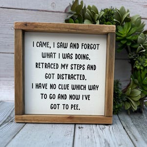 May include: A square wooden sign with a natural brown frame and a white center panel. The sign features black text that reads: I CAME, I SAW AND FORGOT WHAT I WAS DOING. RETRACED MY STEPS AND GOT DISTRACTED. I HAVE NO CLUE WHICH WAY TO GO AND NOW I'VE GOT TO PEE.